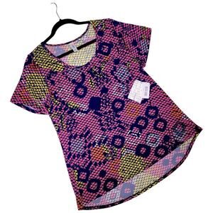 LuLaRoe Classic T Large Pink Blue Slinky Geometric Cross Stitch Short Sleeve Top